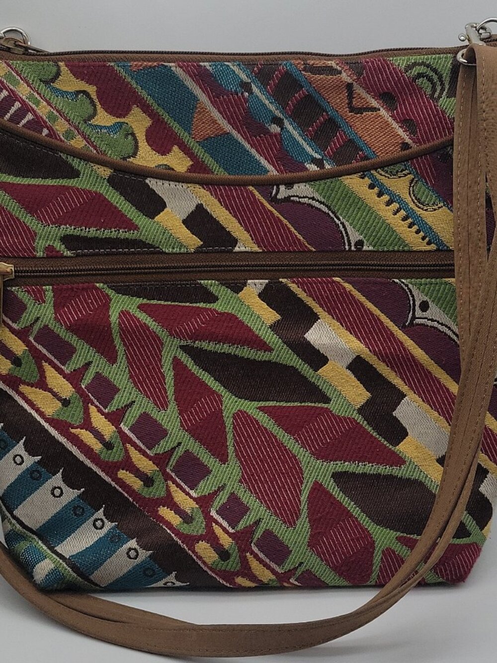 Danny K. multicolor geometric crossbody bag, zipper accent, gold & silver hardw…